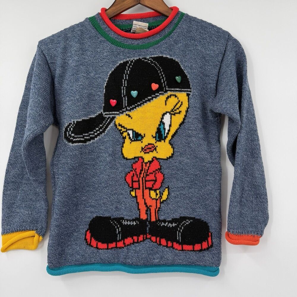 Vintage 90s Looney Tunes Tweety Bird Sweater Girls 6 7 Heart Buttons Rolled Hem